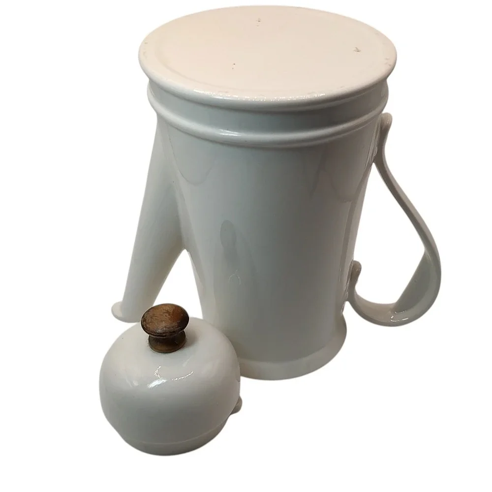 Vintage Stoneware Coffee Pot with Lid White Wooden Knob on Lid Ten Inch Six Cups